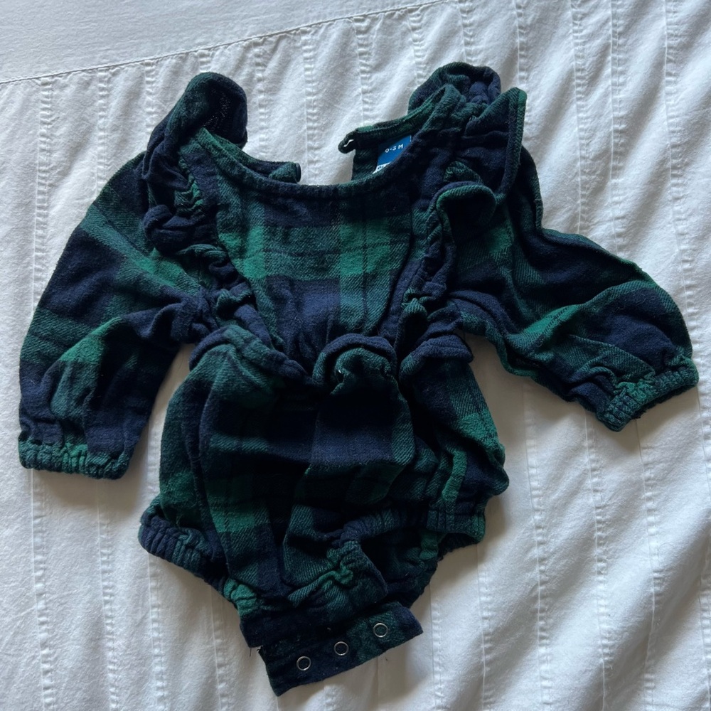 Green and blue Flannel Plaid Ruffle Romper girls 0-3